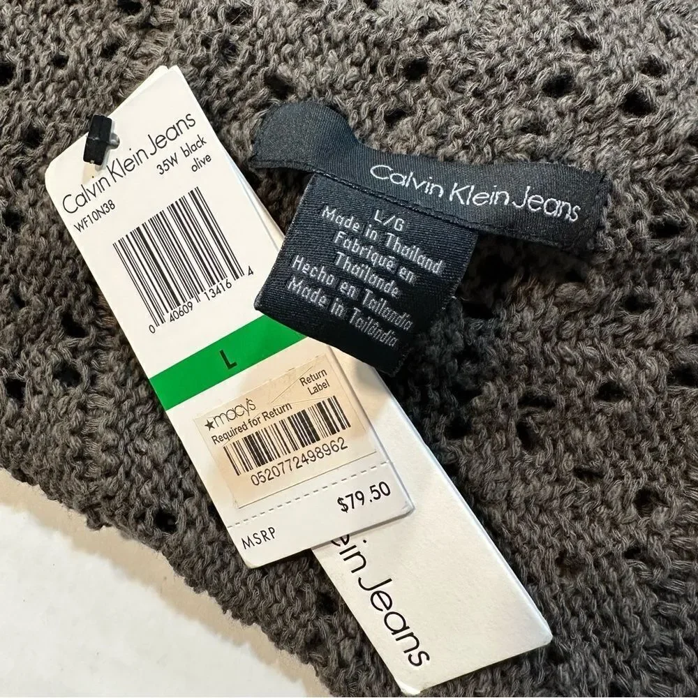NWT Calvin Klein Crochet Sweater Olive Open Front Draped, Size L